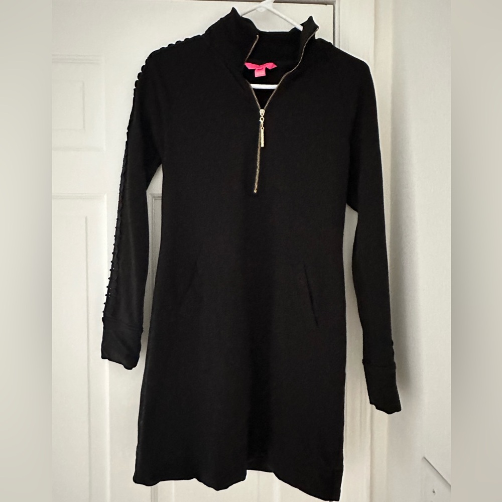 Lily Pulitzer black knit quarter zip dress with sleeve detailing.